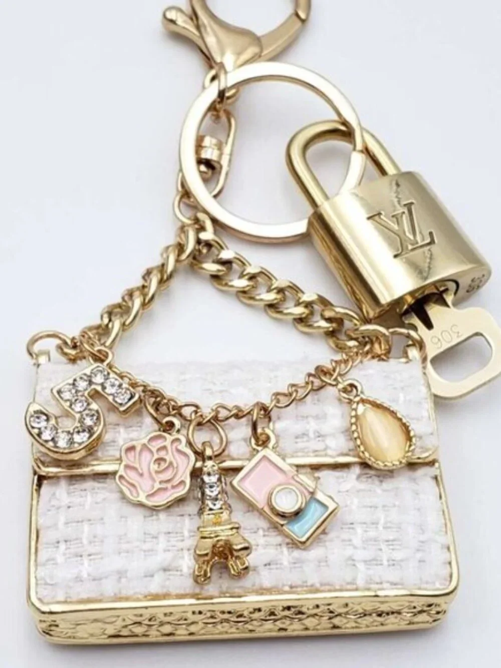 Authentic Louis Vuitton Padlock & Key Gold ✨Unbranded Tweed Bag Charm Keychain - Picture 6 of 8